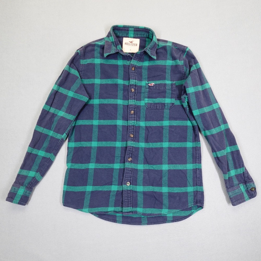 Hollister Flannel Shirt Mens Small Blue Green Plaid Long Sleeve Button Down - Picture 1 of 8